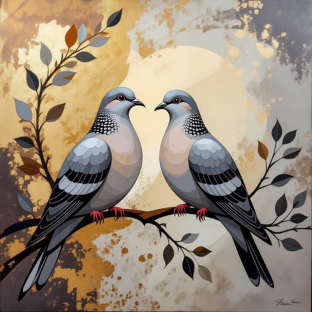 Doves on Branch in Abstract Art Deco Style