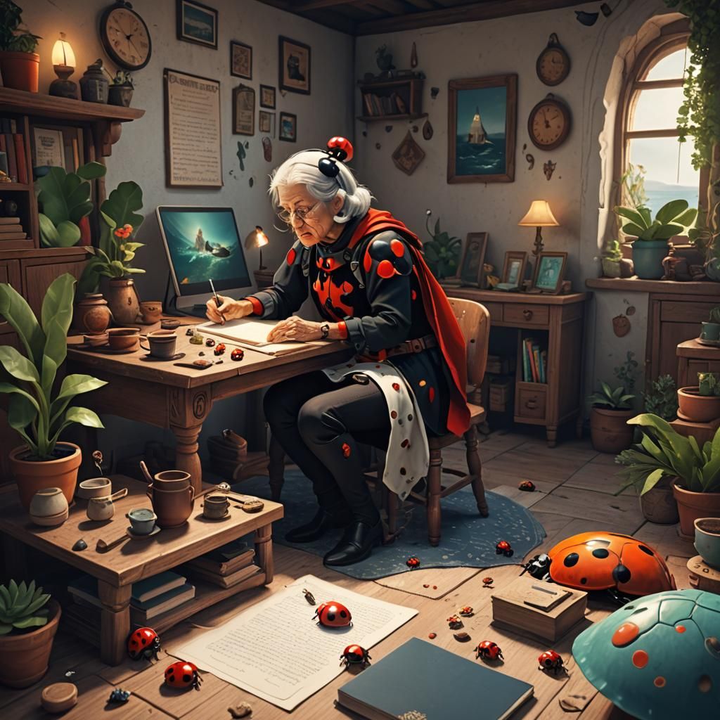 Grandmother Writing Stories with Ladybug in Hygge Home