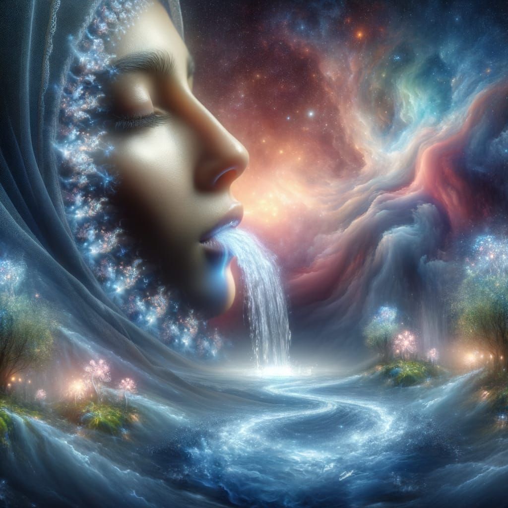 Ethereal Woman's Waterfall in Surreal Digital Painting