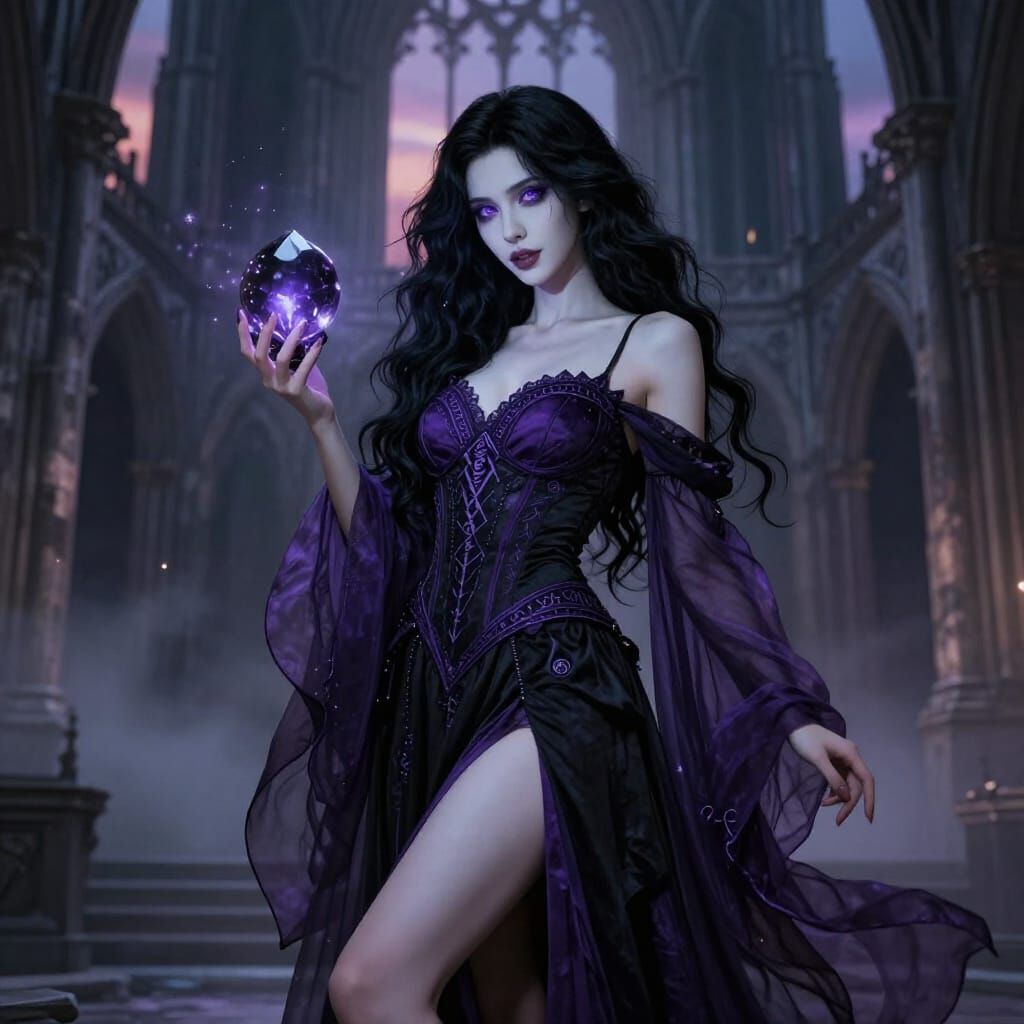 Gothic Sorceress Holding Crystal Orb