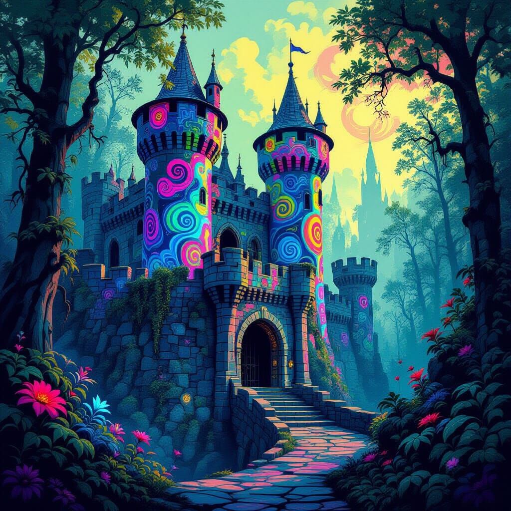 Psychedelic Medieval Fortress in Enchanted Forest