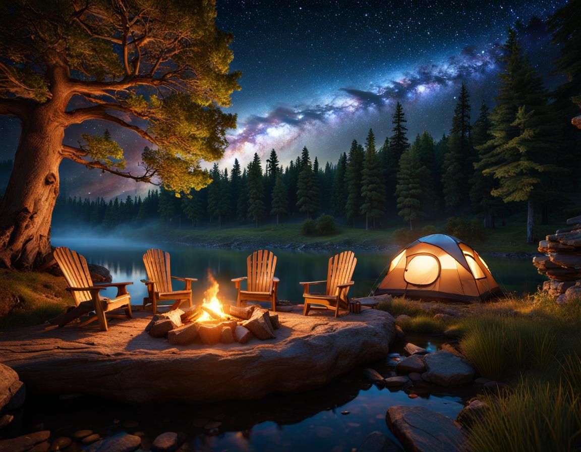 Inviting Campsite Under Starry Sky in Hyperrealism