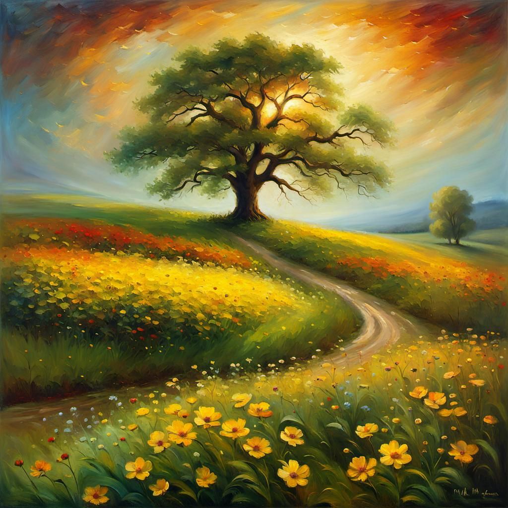 Lone Tree in Floral Field: Dreamy Digital Art