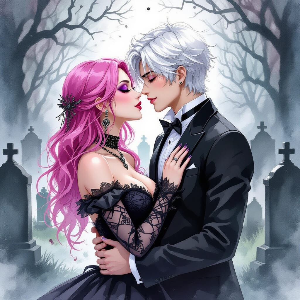 Gothic Kiss in Cemetery: Watercolor Alcohol Ink Art