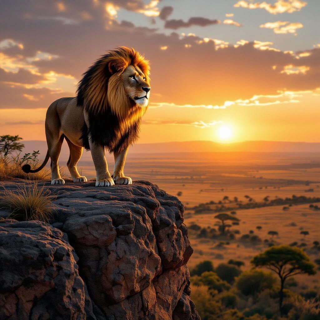 Majestic Lion Overlooking Savanna at Sunset