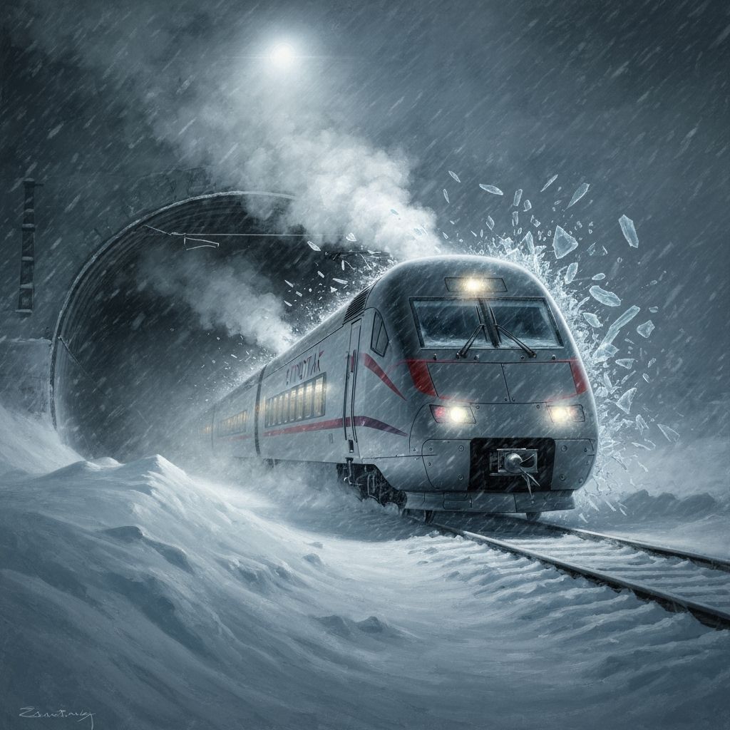 Eurostar Train Breaks Through Blizzard in Oil Painting Style