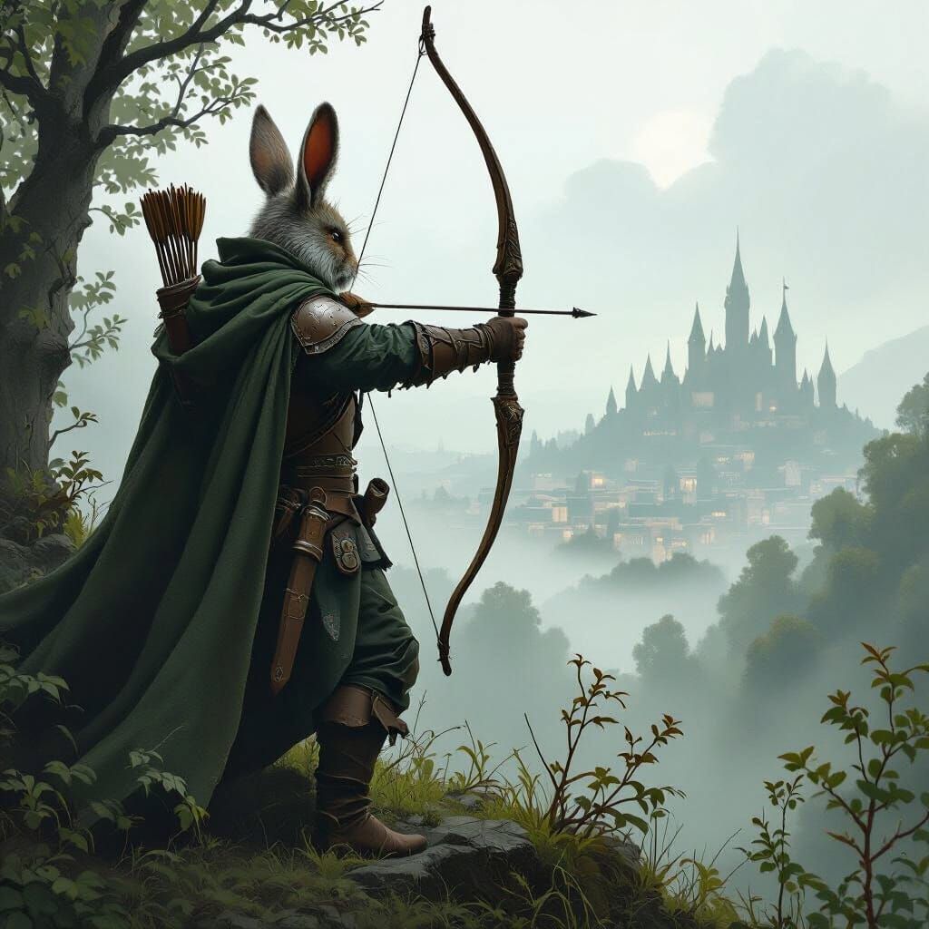 Rabbit Ranger Contemplates City in Atmospheric Woodland