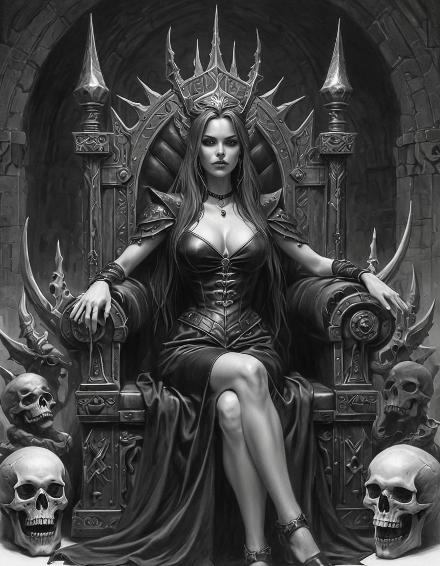 Fantasy Witch Queen on Boneskull Throne Sketch