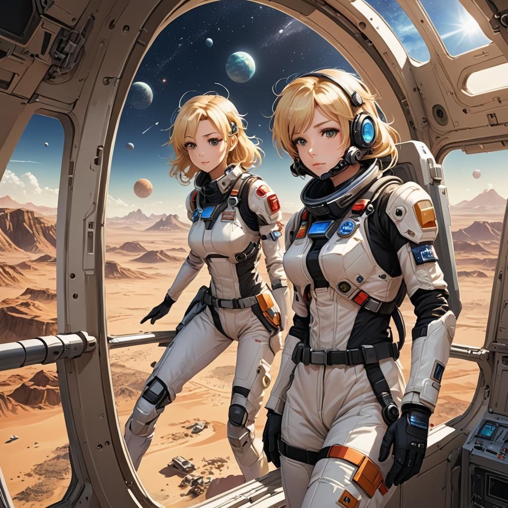 Anime-Style Fighter Pilot Gazing at Desert Planet