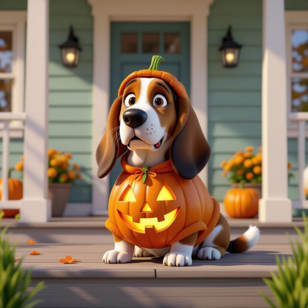Cute Basset Hound in Pumpkin Costume on Veranda