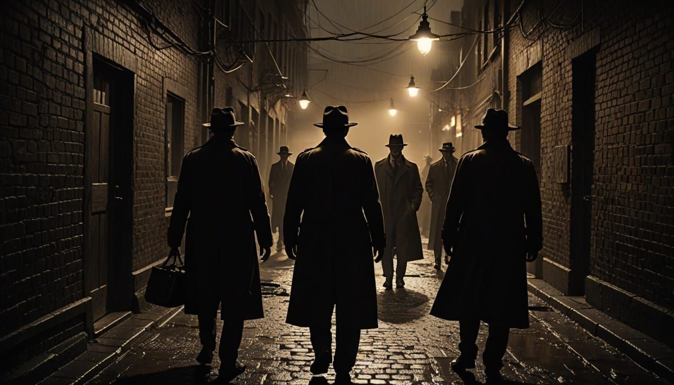 Moody Film Noir Scene with Detectives Examining a Crime Scen...