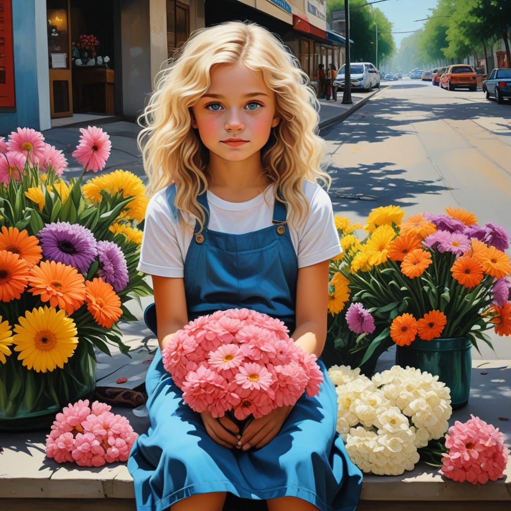 Girl Selling Flowers: Hyperrealistic Acrylic Painting