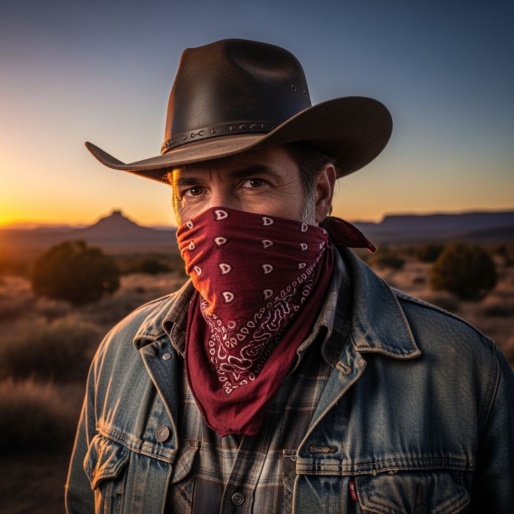 Rugged Cowboy in Desert Dusk, Face Covered by Red Bandana