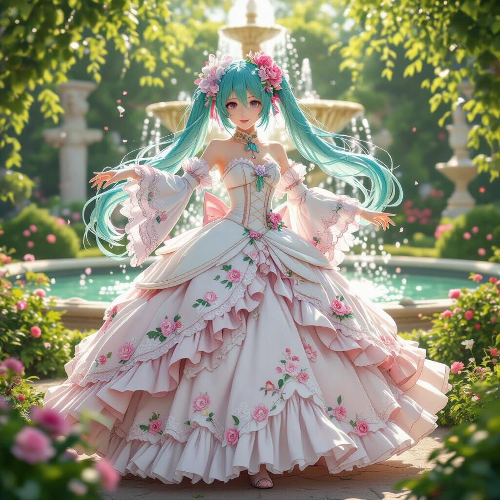 Hatsune Miku in Rococo Gown, Hyper-Realistic Digital Art