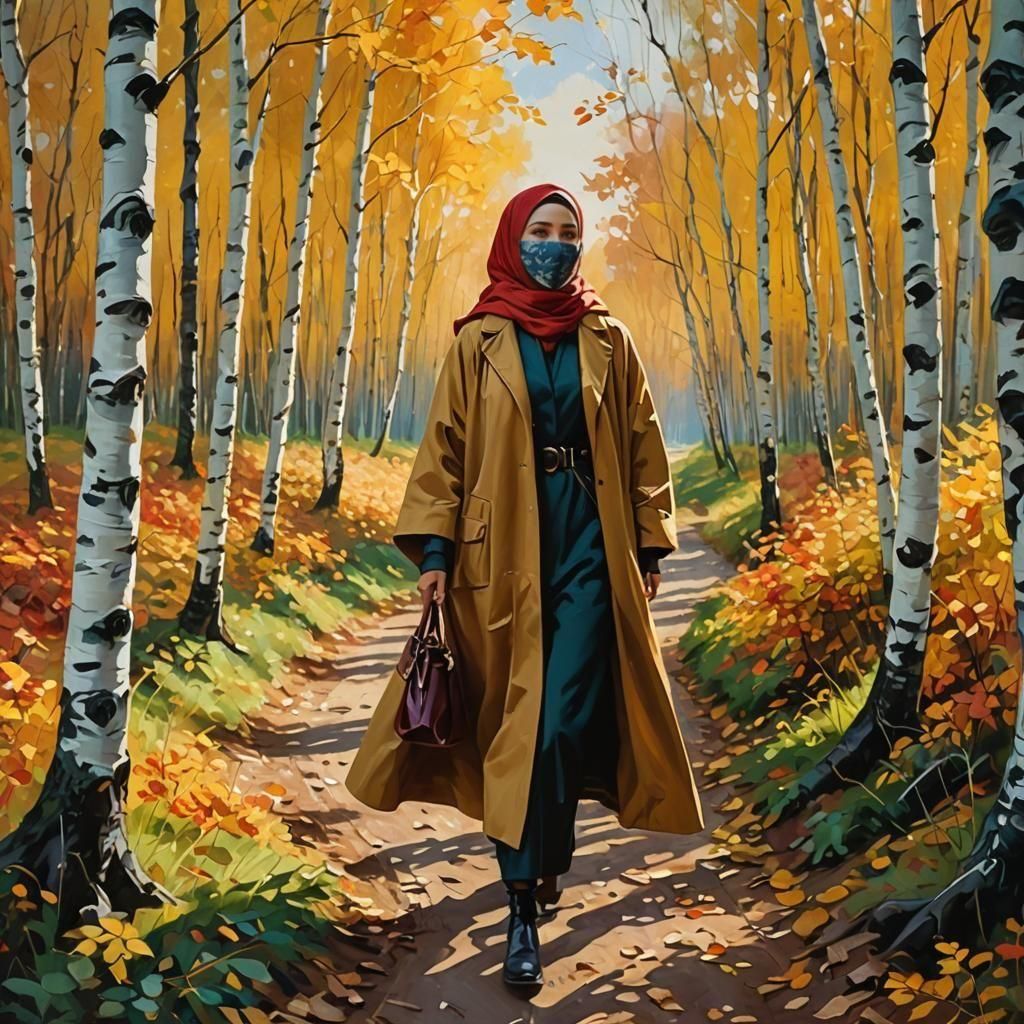 Woman in Birch Forest in Oil Gouache Style