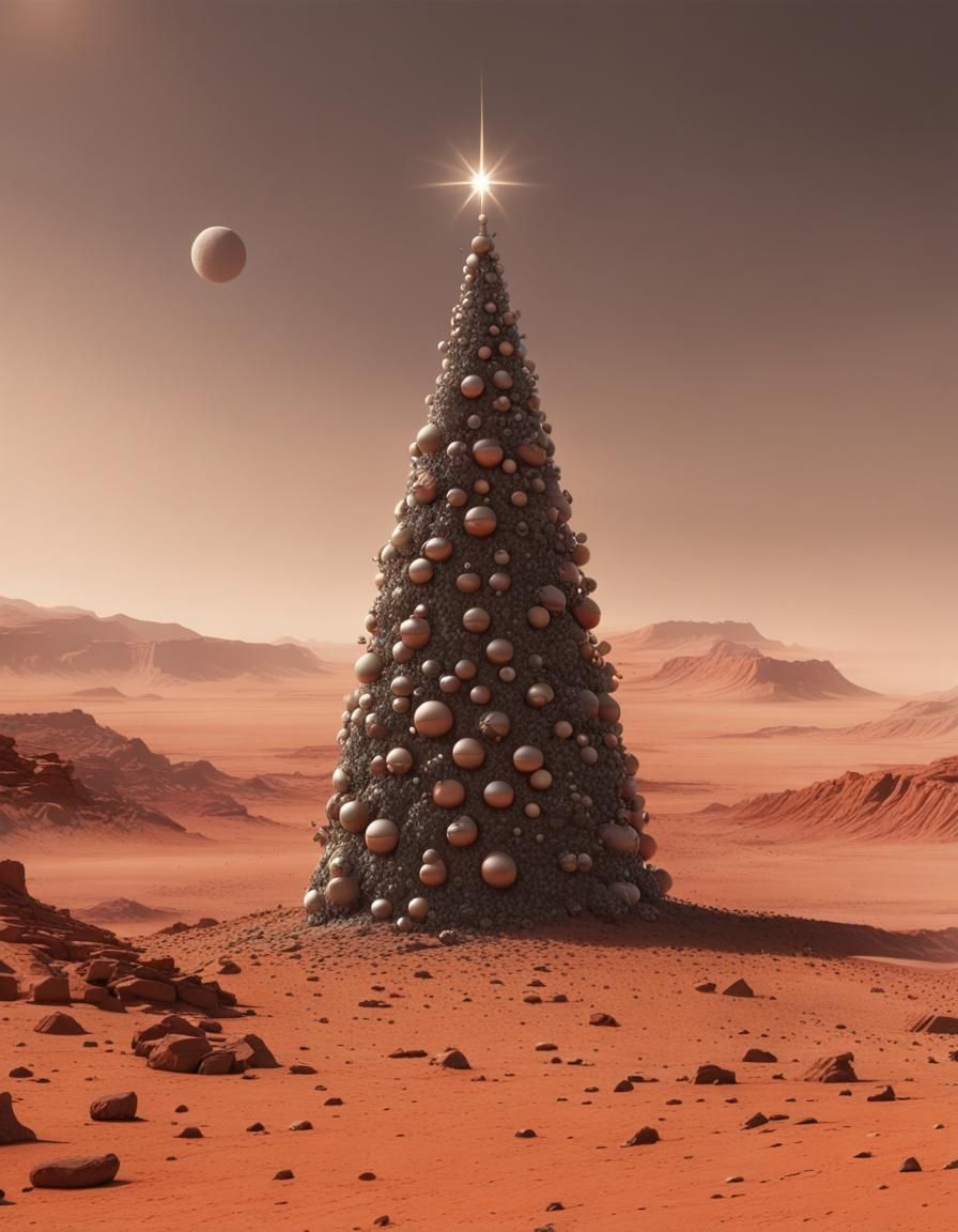 Alien Christmas Tree on Mars: Detailed Cinematic Scene