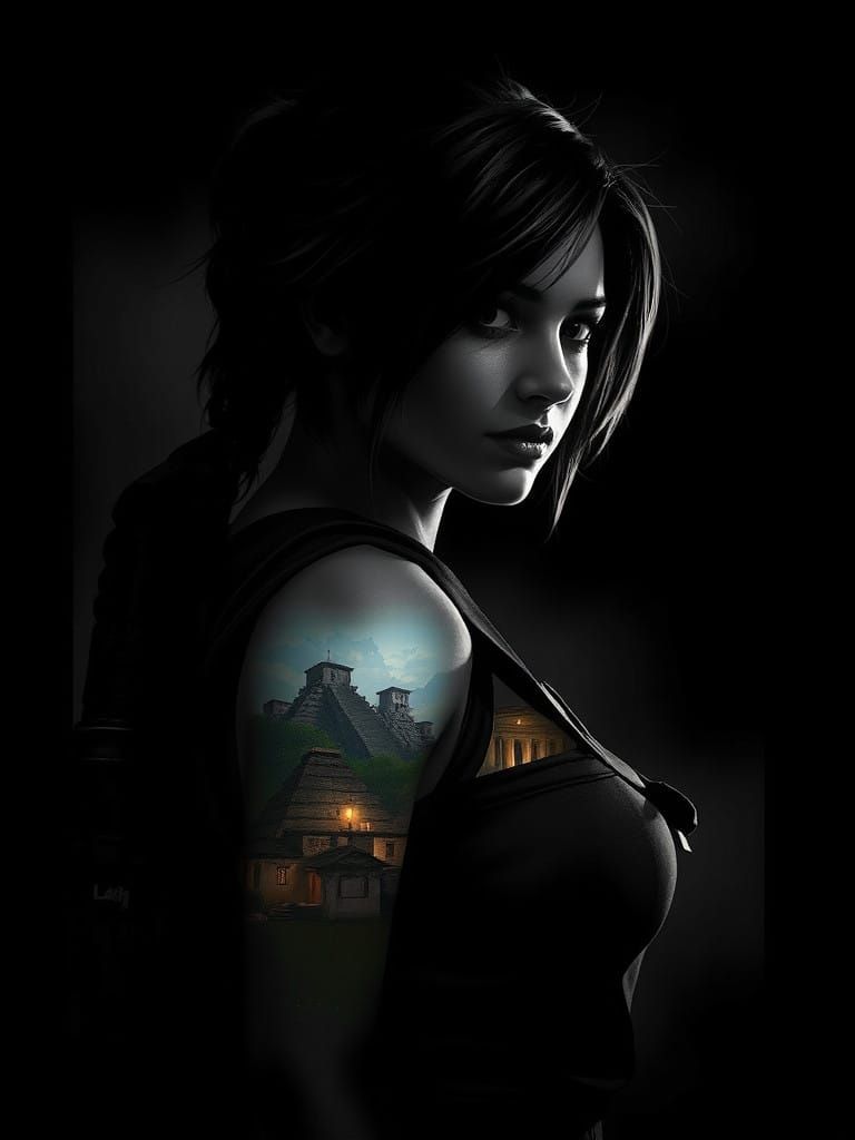 Lara Croft in Double Exposé Portrait with Vilcabamba Ruins