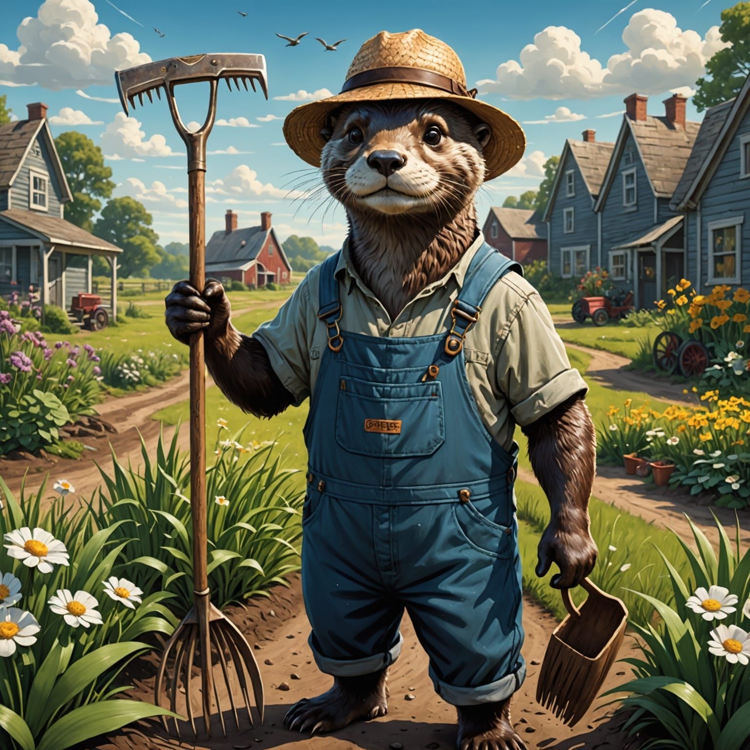 Otter Farmer in Overalls with Rake: Comic Book Art