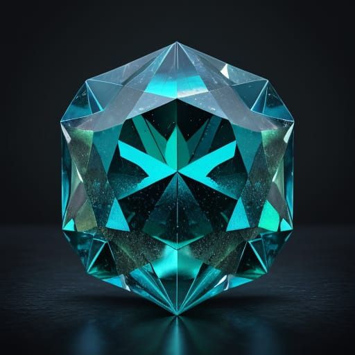 Abstract Faceted Gemstone with Emerald and Blue Hues