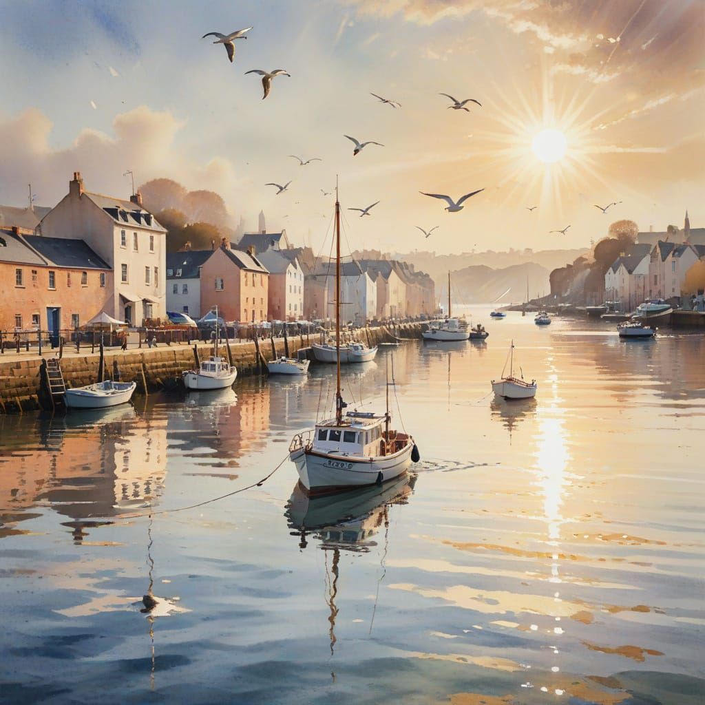 Impressionist Harbour Scene in Watercolour Style