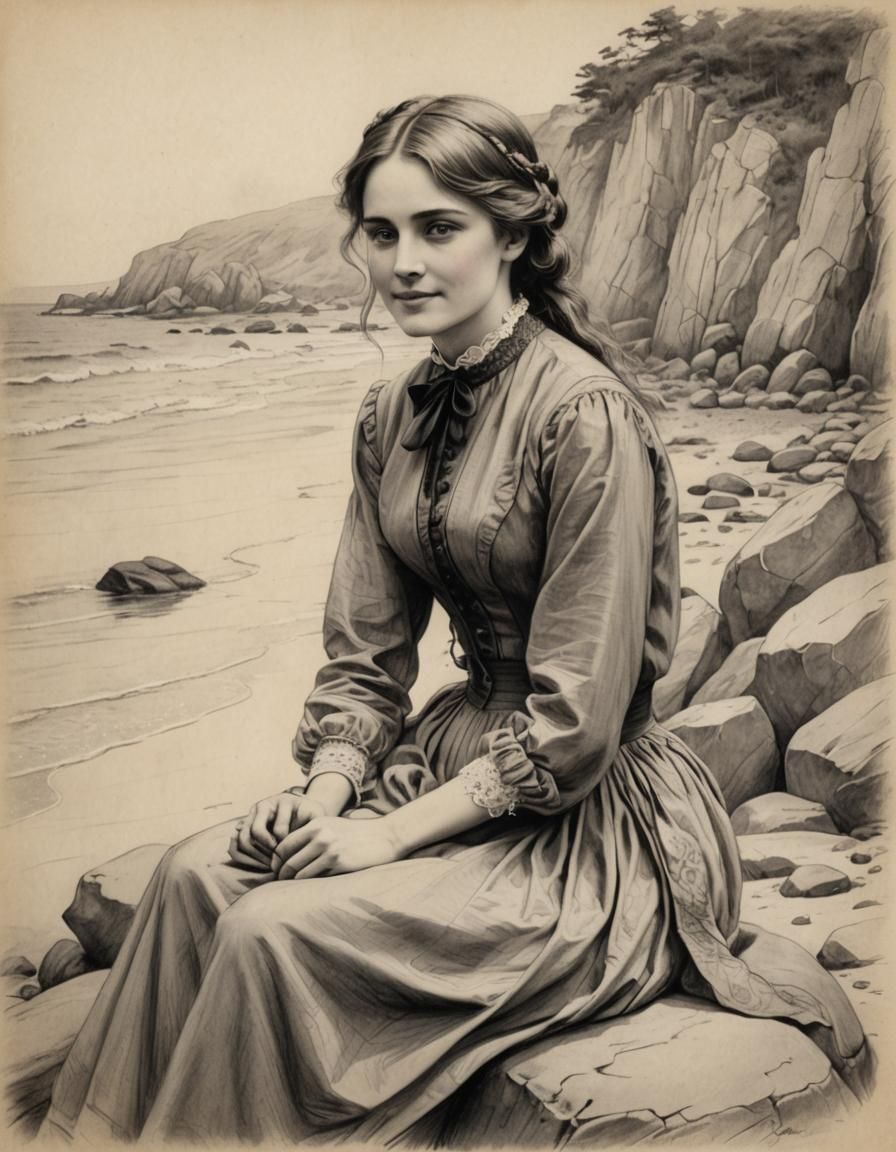 A beautigul. Young Victorian woman shy ssmile, Sitting on a ...
