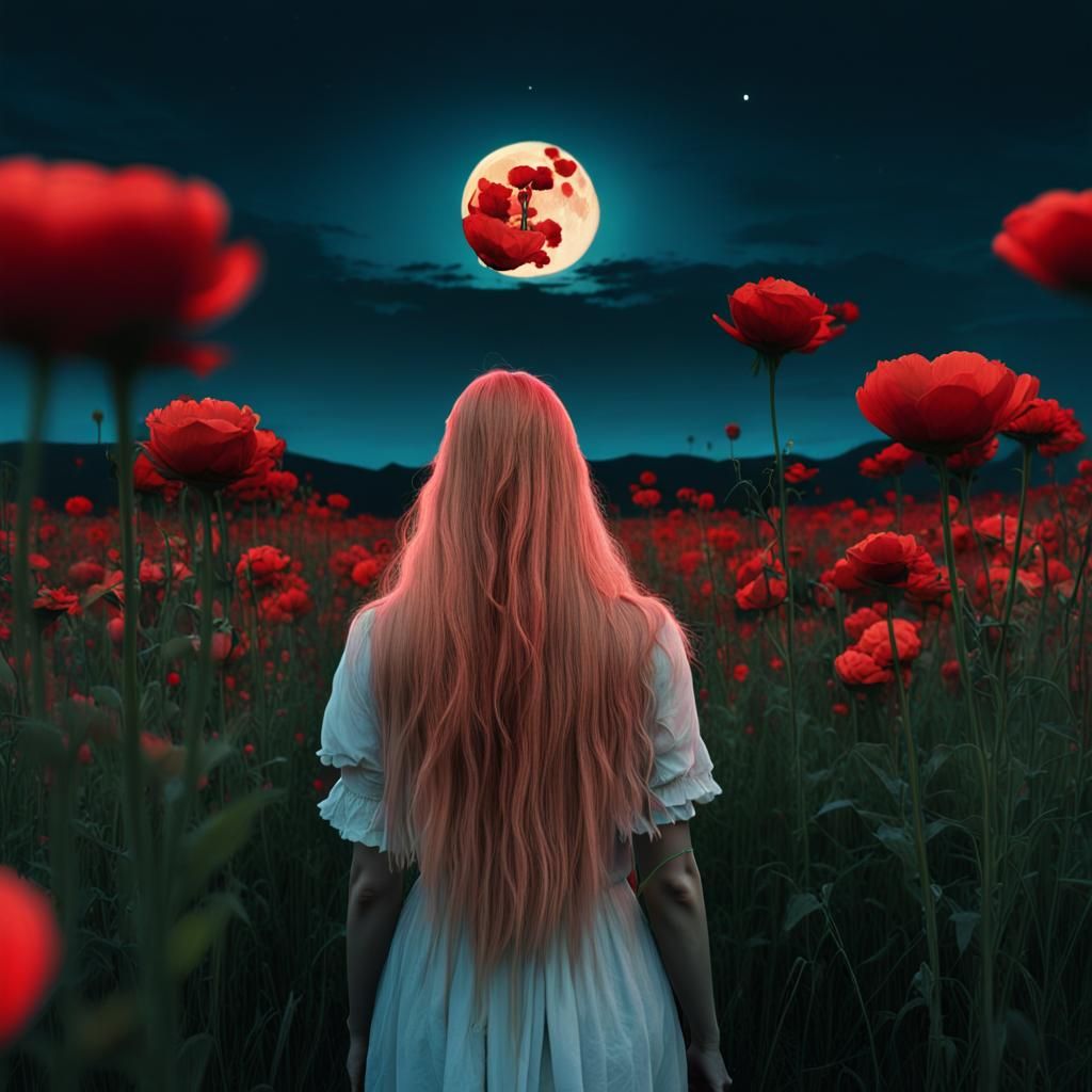 a woman facing in a field of flowers with a full moon in the background, blood aura red light, girl with long blonde hai...