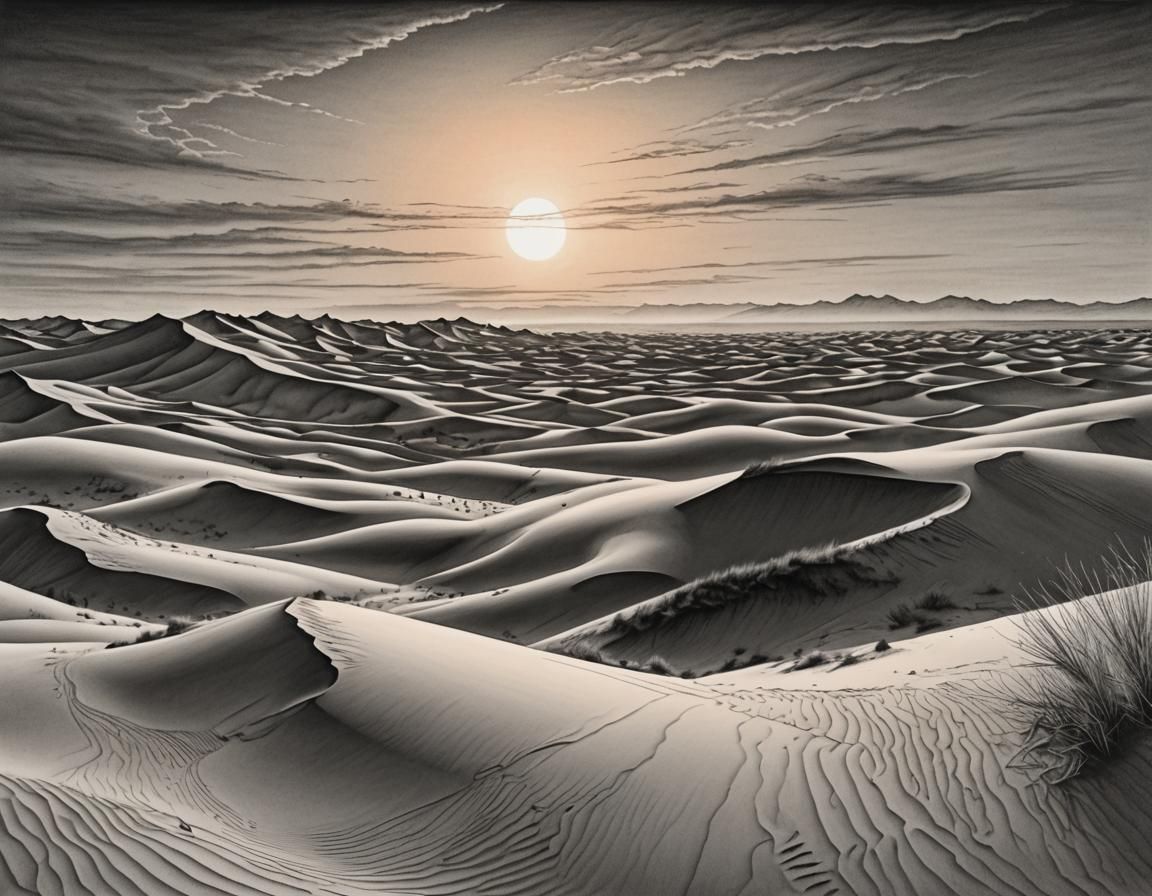 Sand Dunes at Dawn: Hyperdetailed Charcoal Line Drawing