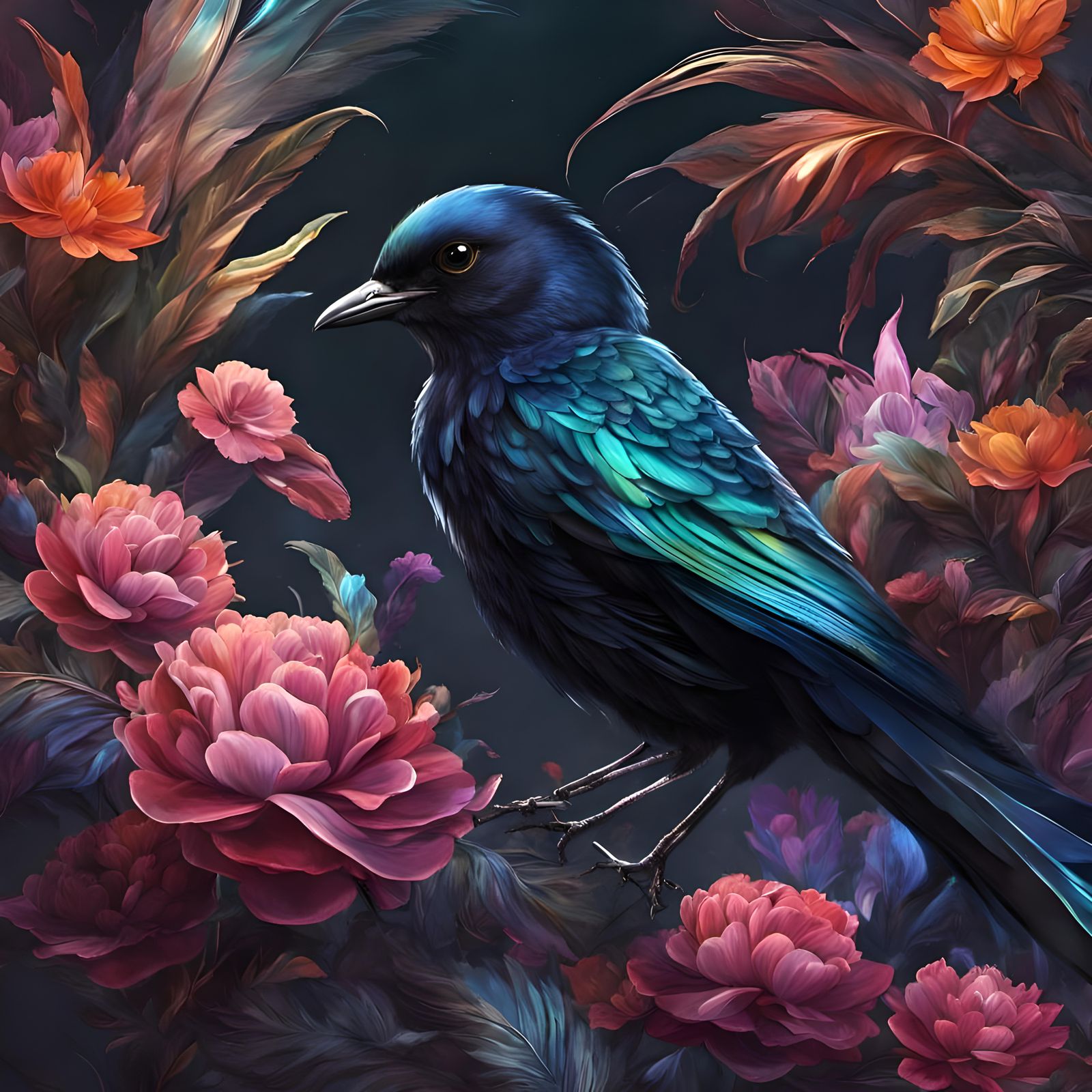 Shimmering iridescent black bird in a fantasy landscape