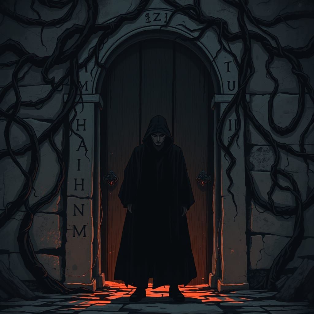 A Hooded Figure Stands Before an Ancient, Glowing Door in Da...