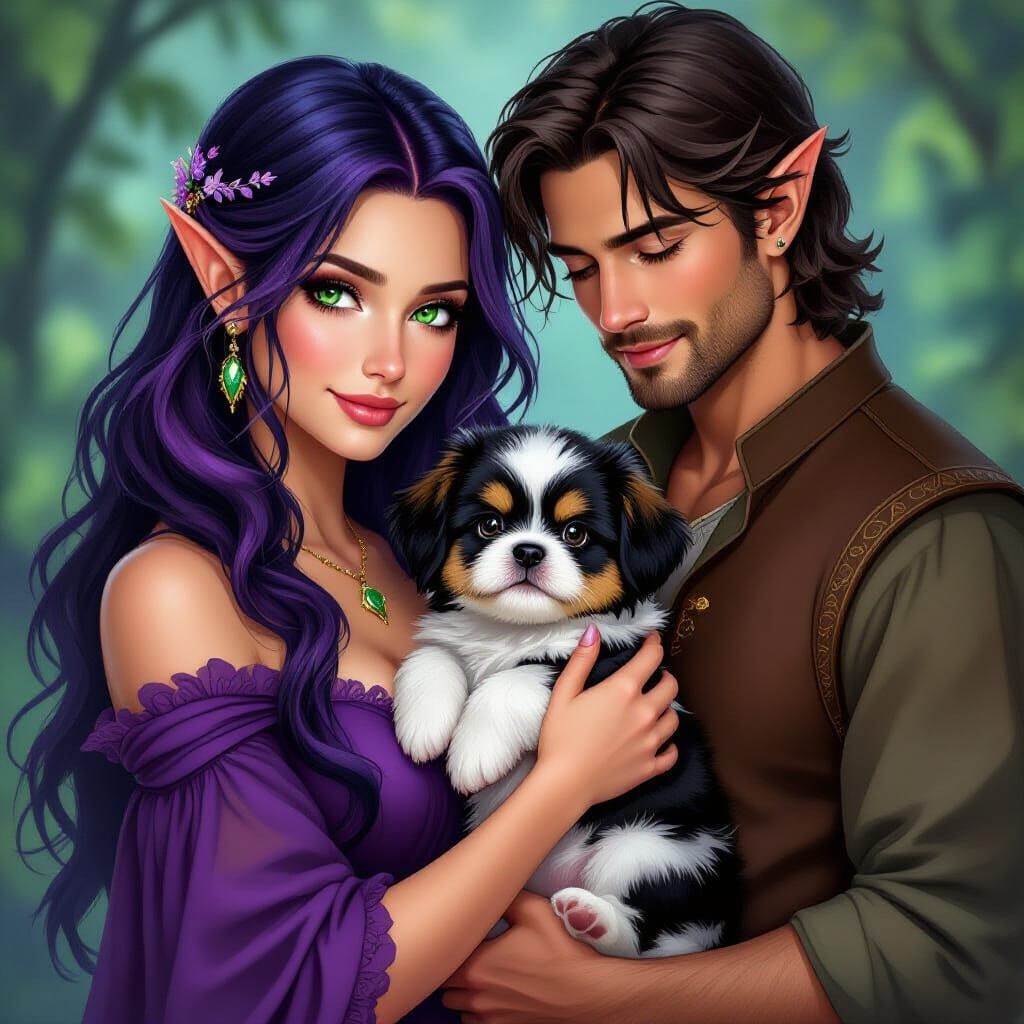 Elven Family with Shih Tzu Puppy in Fantasy Art