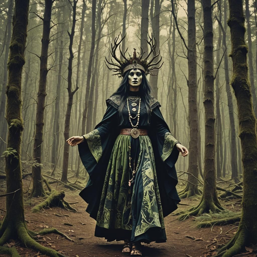 Magical Tribal Priestess Dancing in Forest Ritual