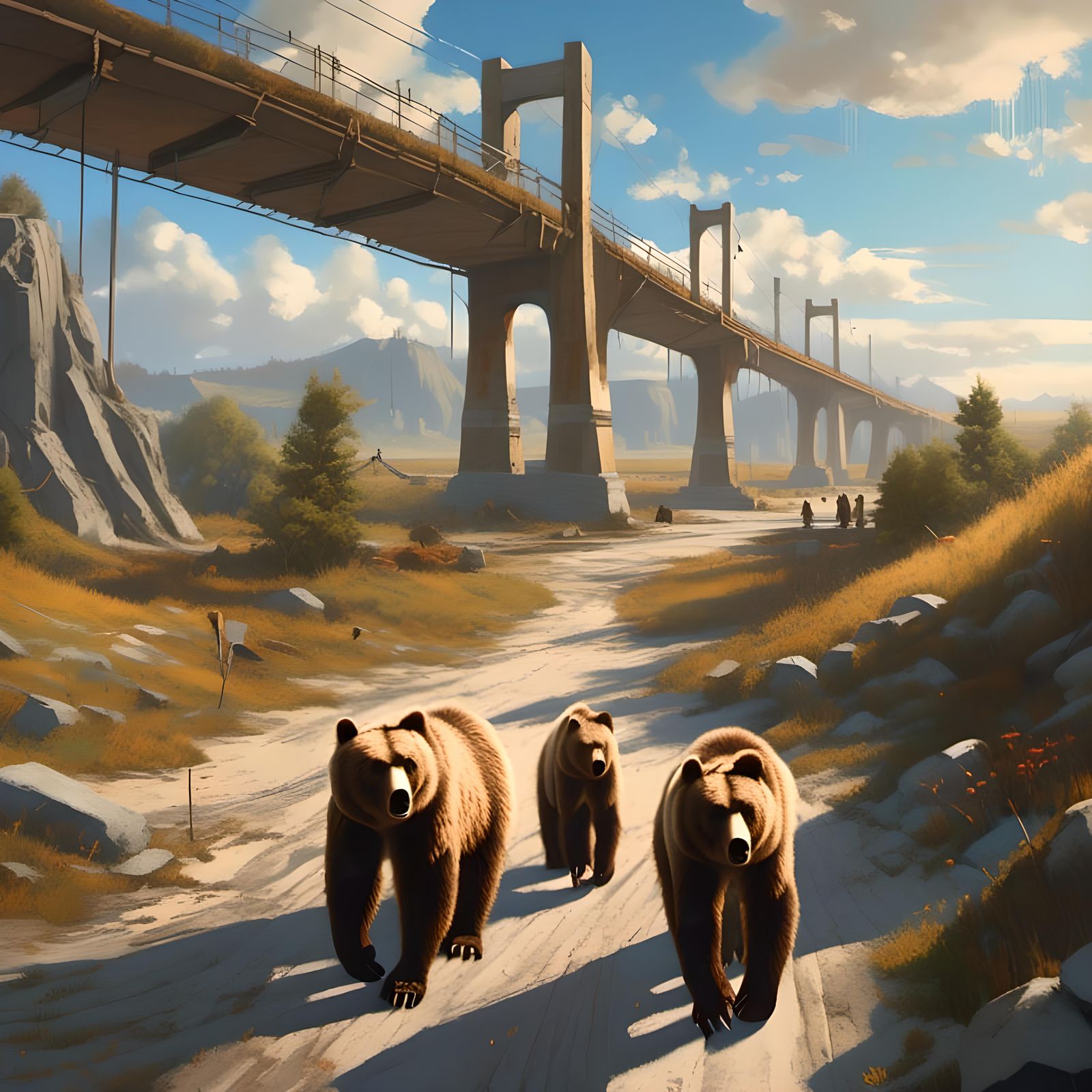Grizzly Bears Under Bridge: High-Resolution Landscape