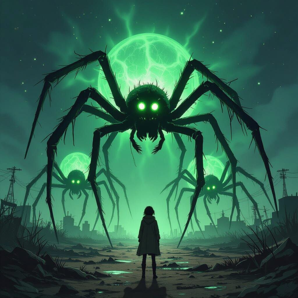 Radioactive Wasteland Spiders in Anime Style