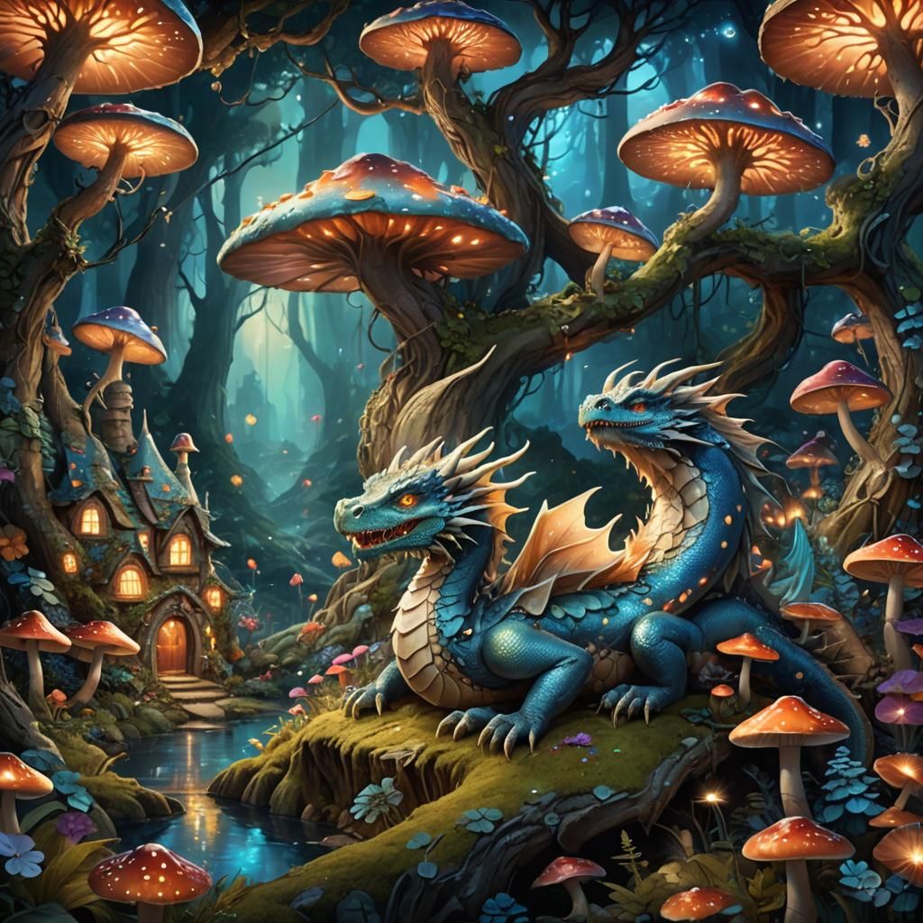 Dragon in Glowing Mushroom Forest, Fantasy Concept Art