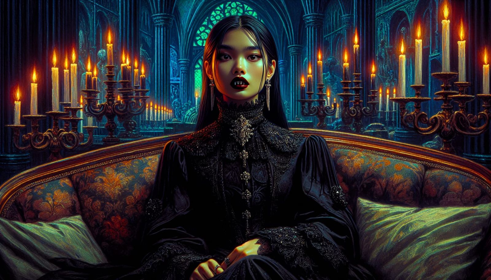 A female gothic vampire wearing all black lying a lying on a...