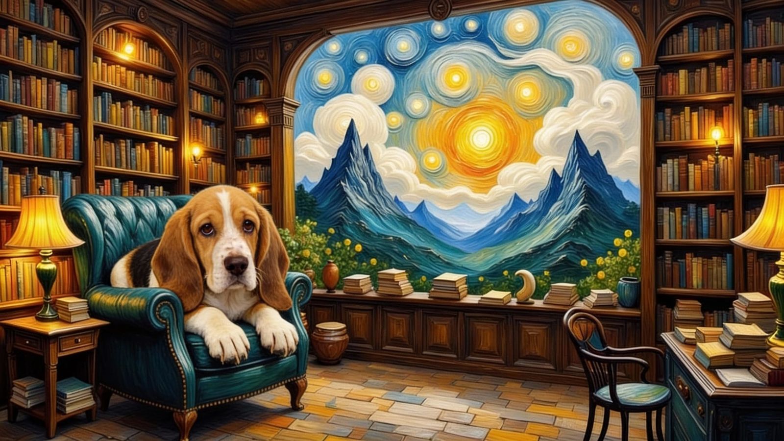 Dreamlike Bookstore with Cat in Dali-Van Gogh Style
