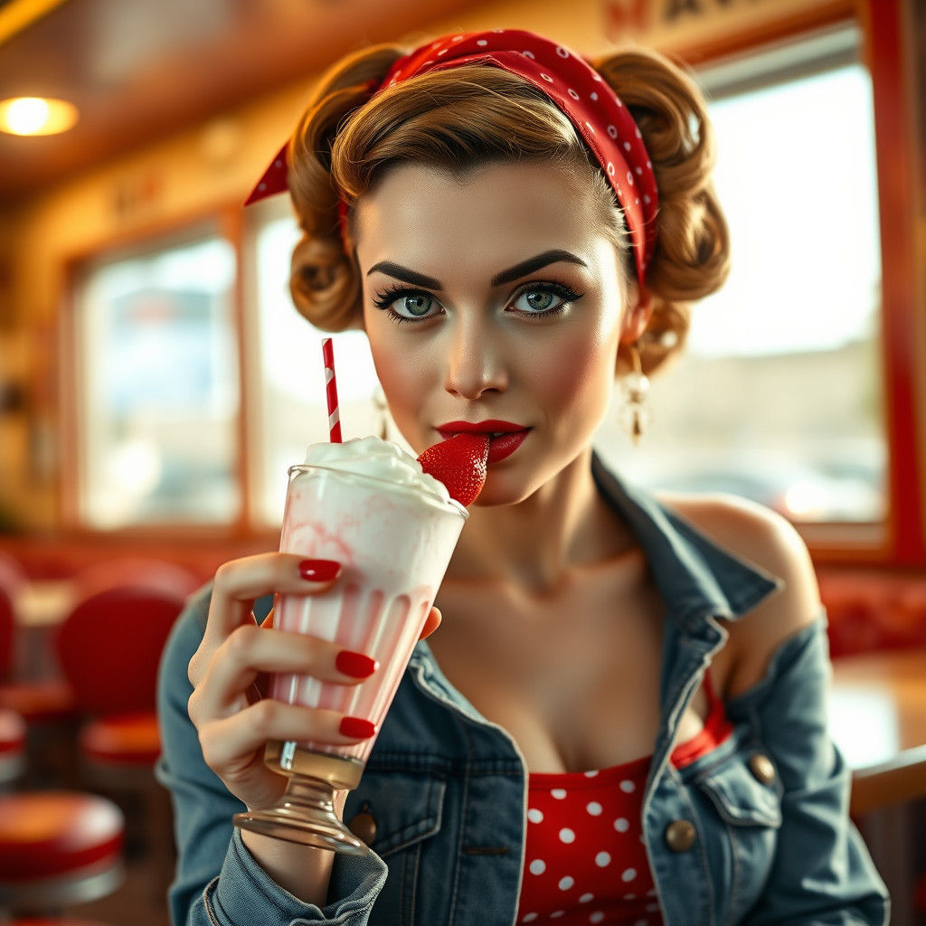 1950s Rockabilly Woman with Strawberry Milkshake