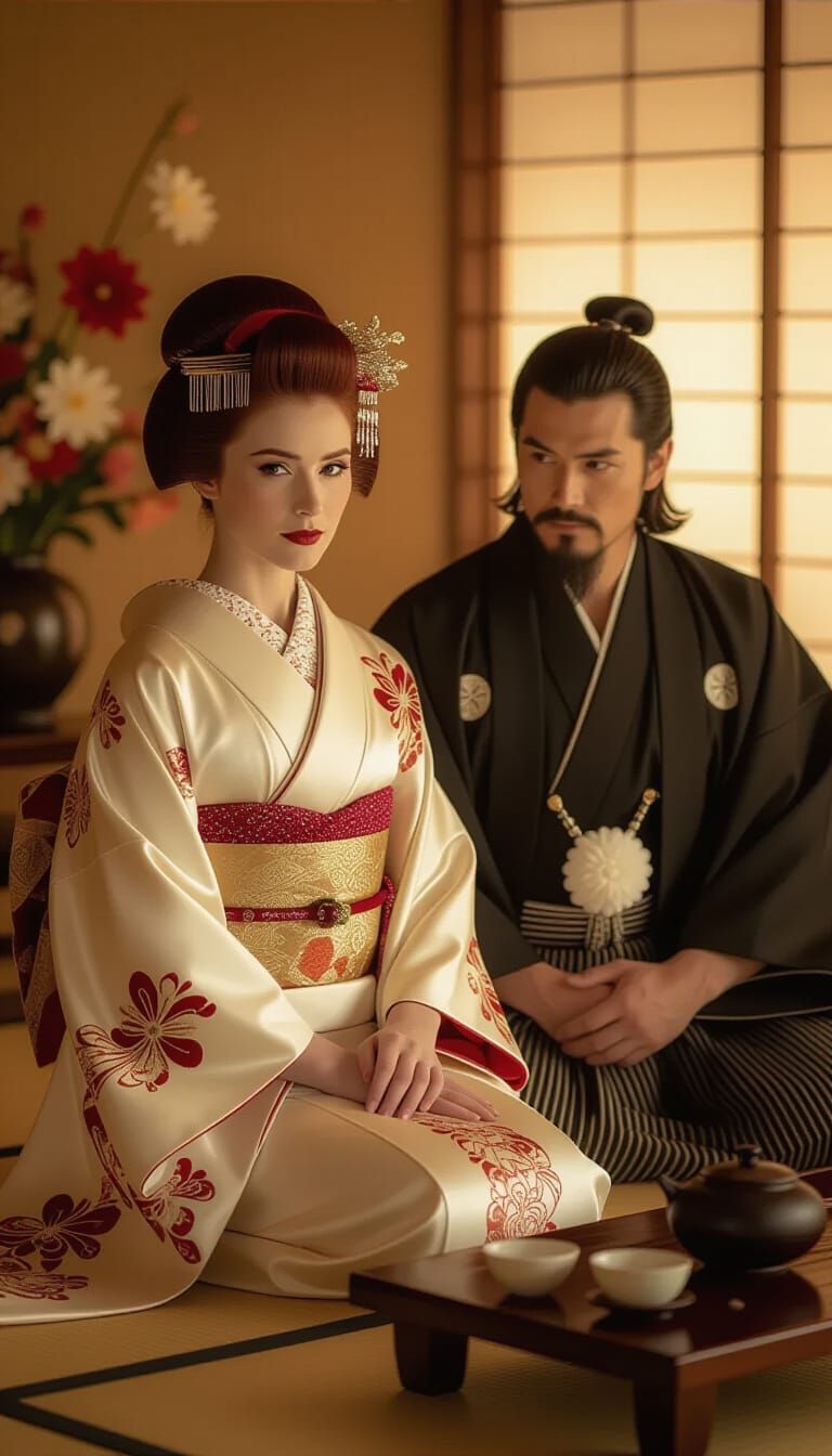 Elegant Couple in Kimonos: Digital Art