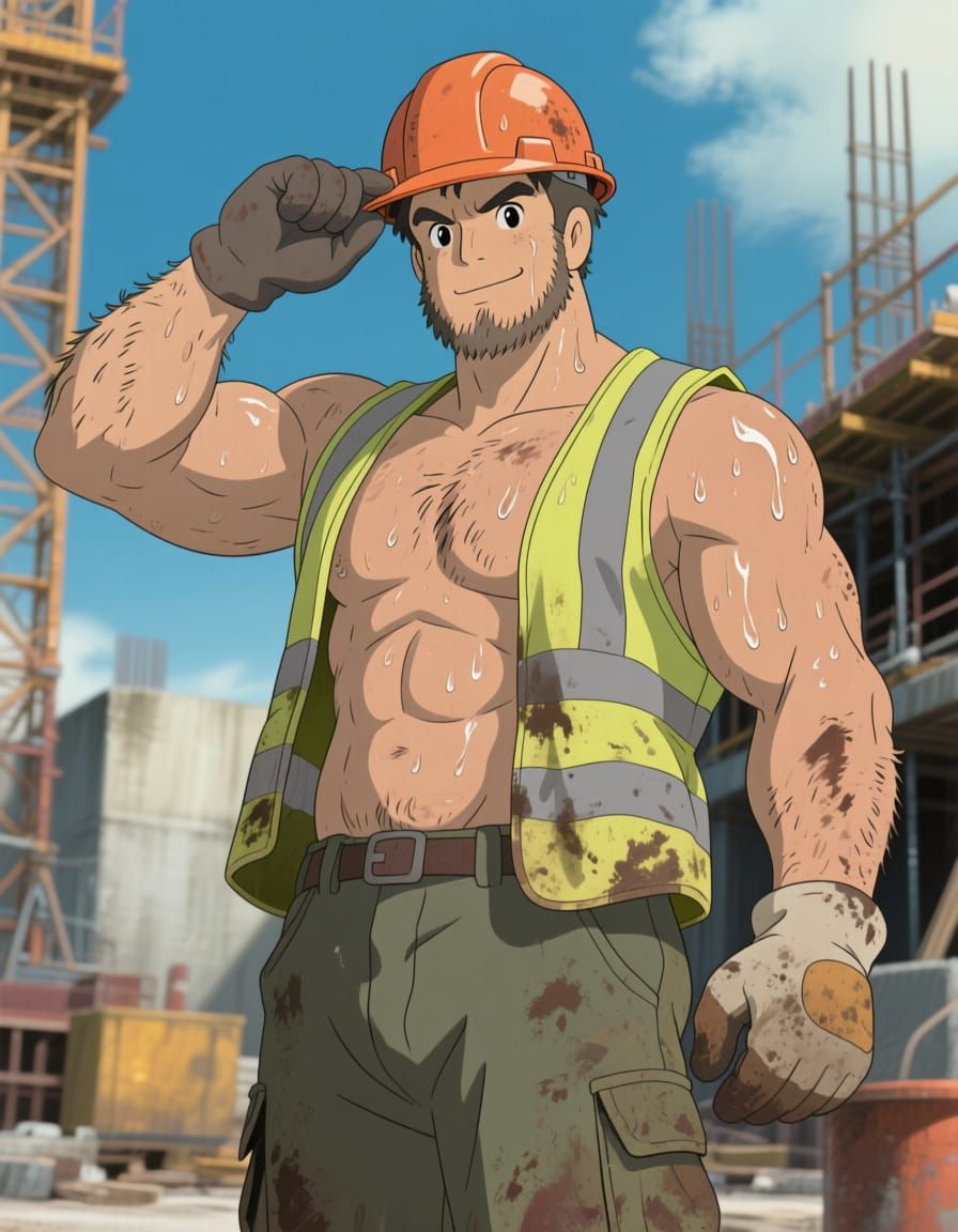 Ghibli Style Construction Worker with High-Vis Vest