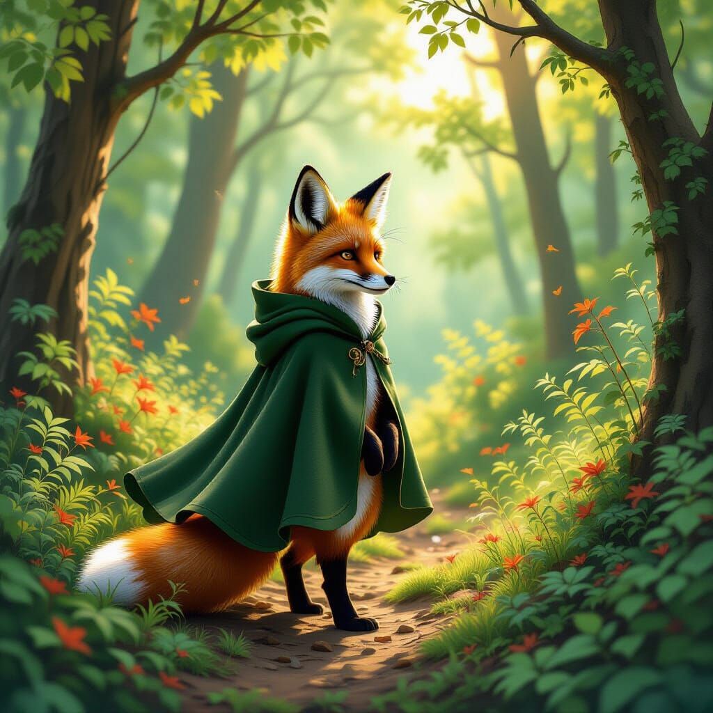 Fox Exploring Forest in Whimsical Style