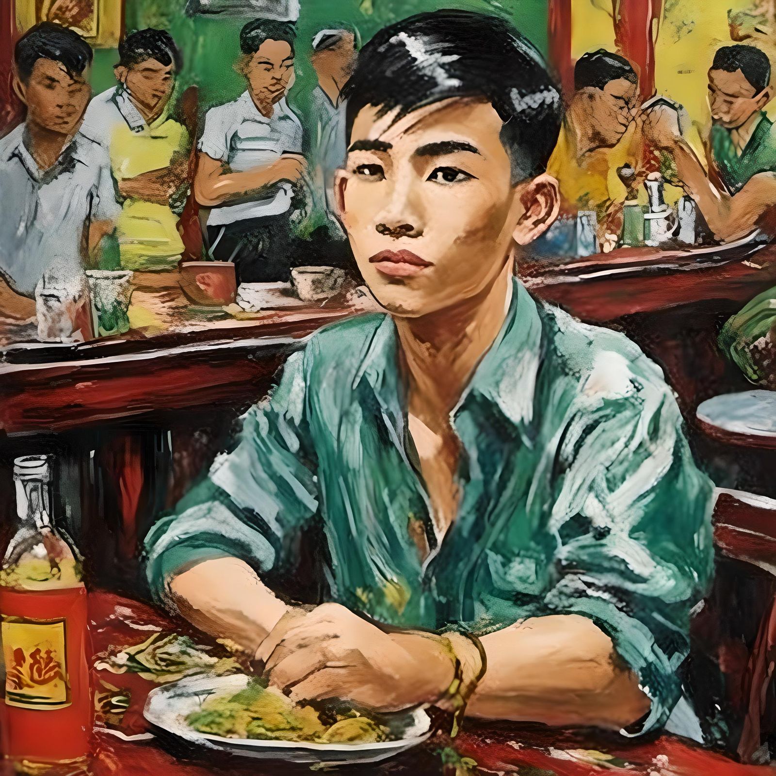 <lora:Dong Ho> In Dong Ho style, a portrait of a 16-year-old Vietnamese gay boy in a modern Saigon bar