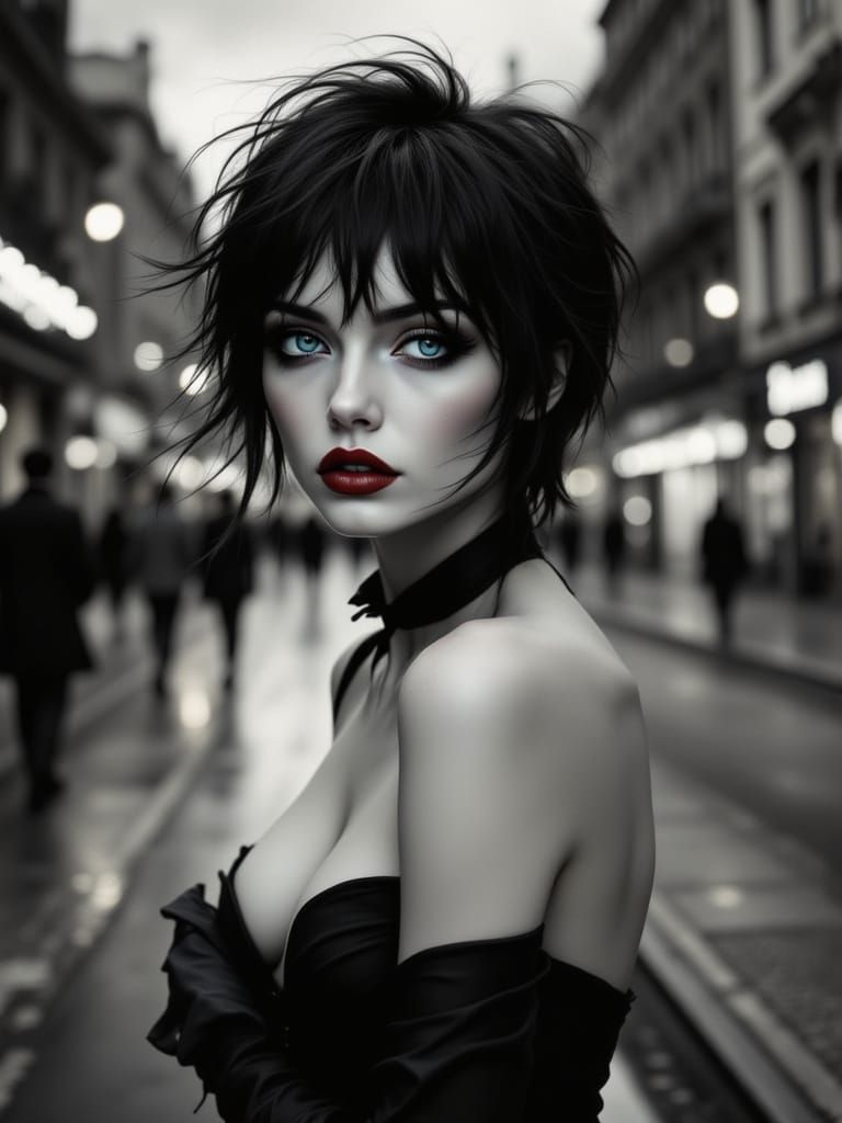 Surreal Black and White Portrait in Moody Rococo Style