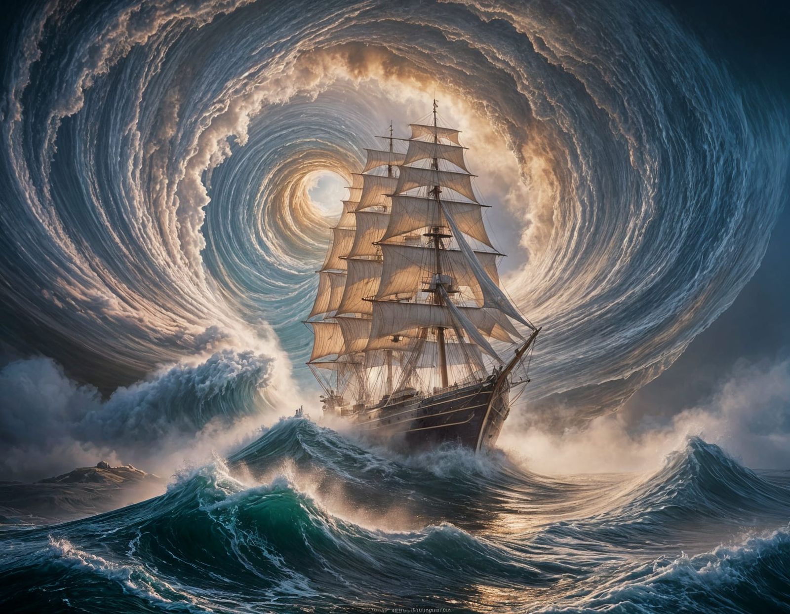 Majestic Clipper Ship Emerges from Swirling Fog