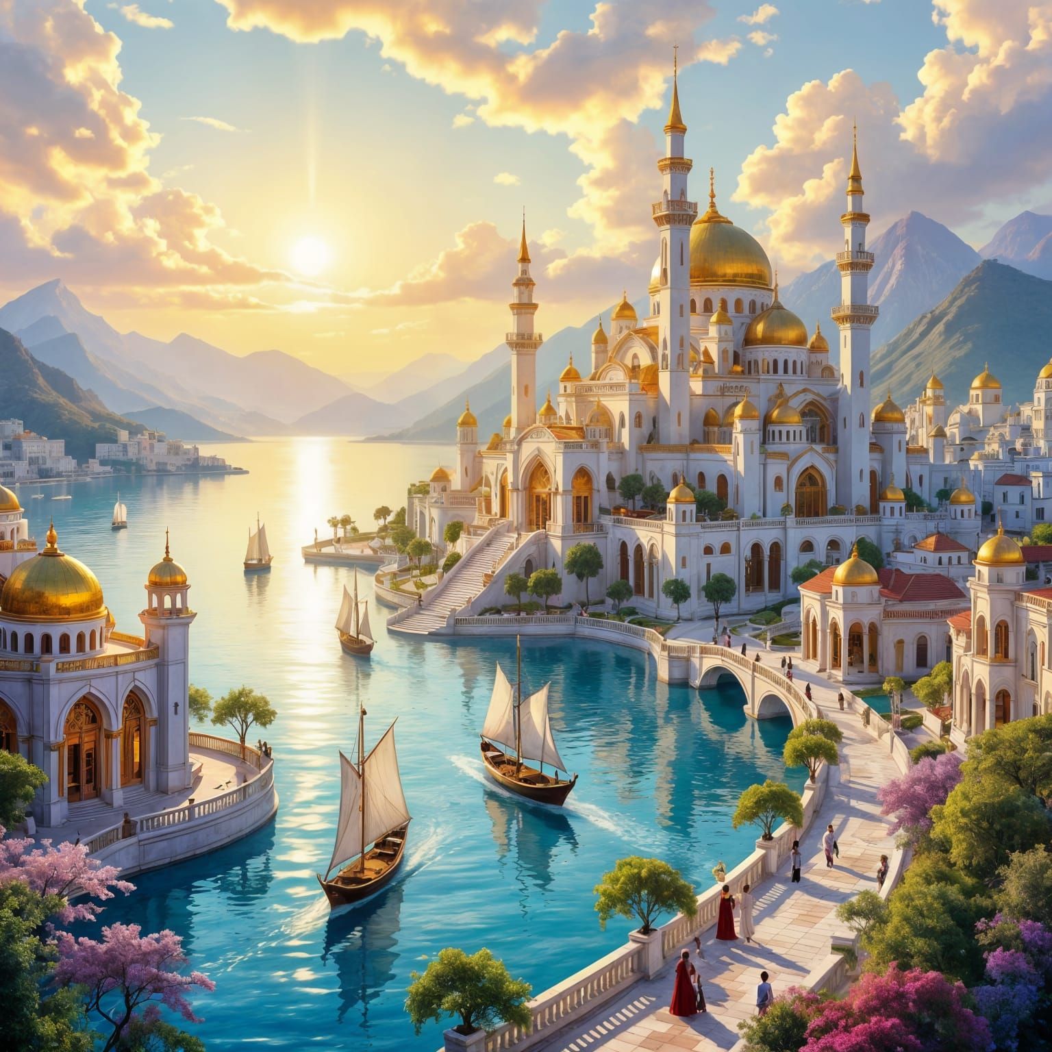 Majestic Dream City Celephaïs Under Golden Sunrise