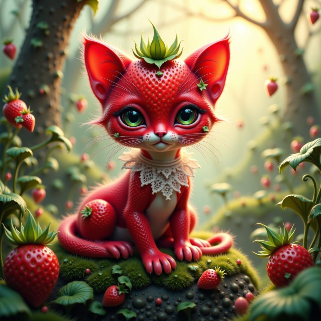Strawberry-Kitten Hybrid in Hyperrealistic Matte Painting
