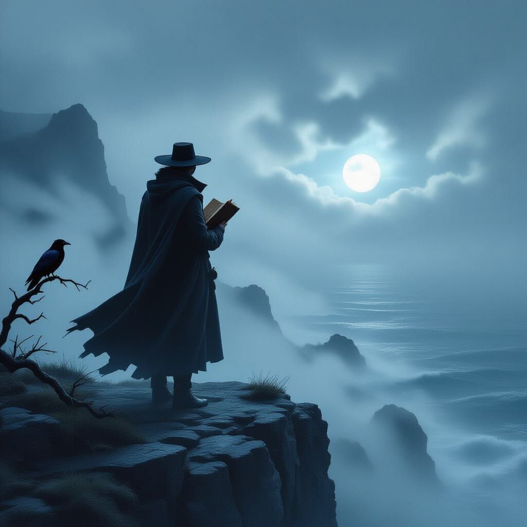 Lone Poet Contemplates Starry Ocean