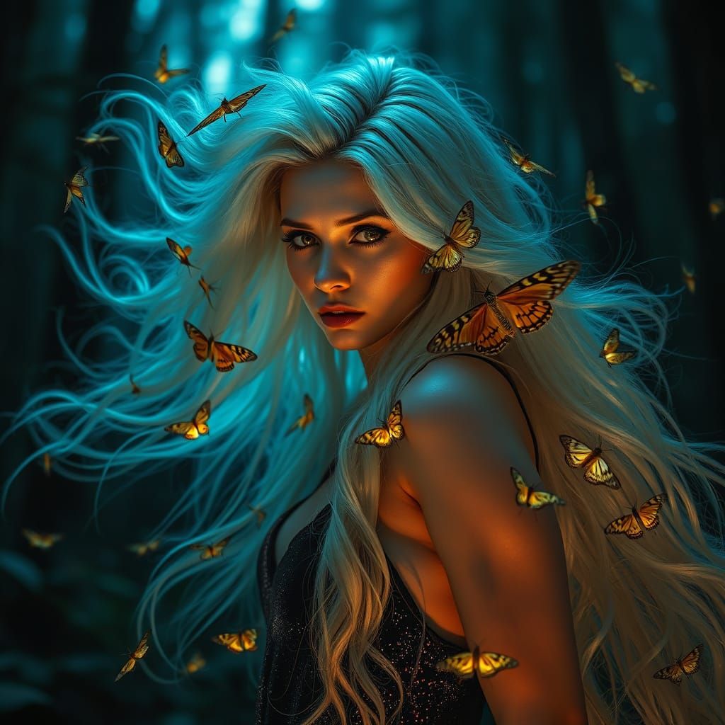 Mysterious Woman in Enchanted Forest with Silk Moths