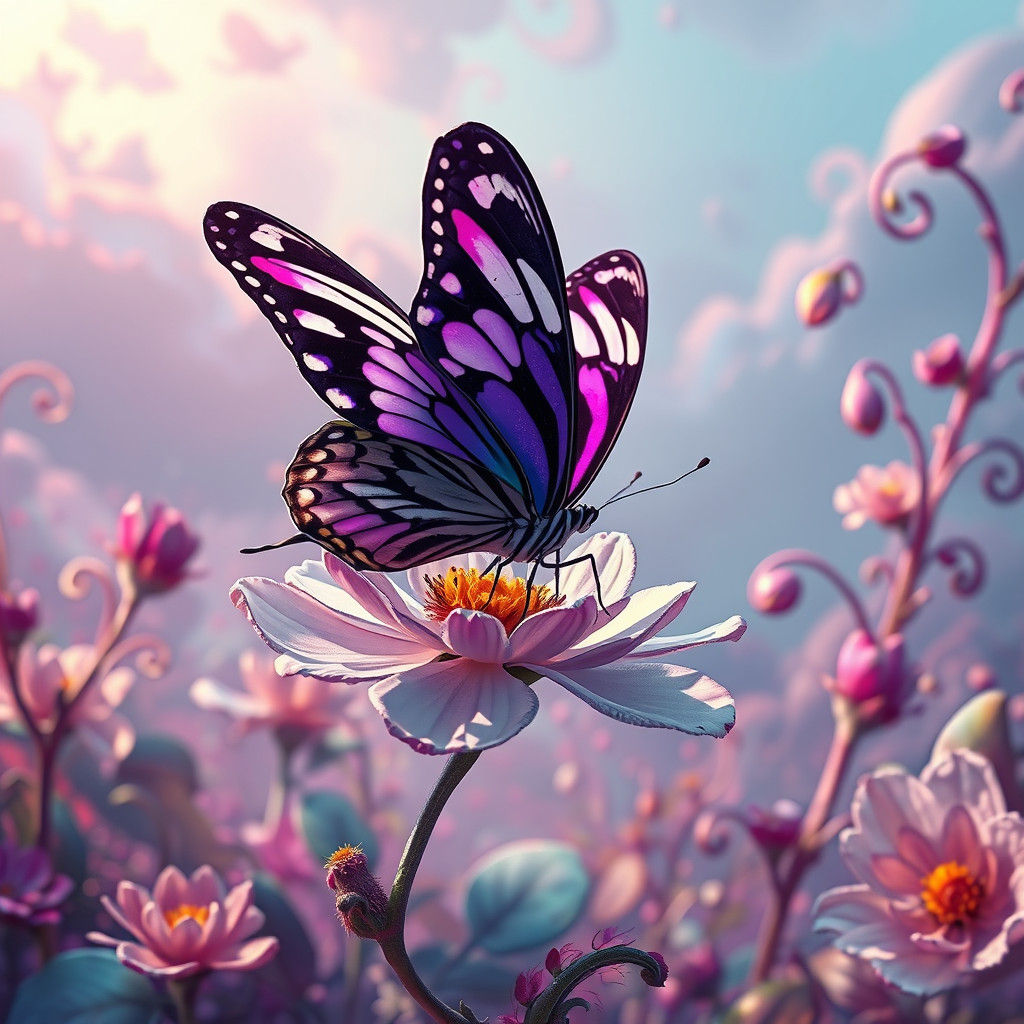 Zebra Butterfly on Crystalline Flower in Matte Painting Styl...