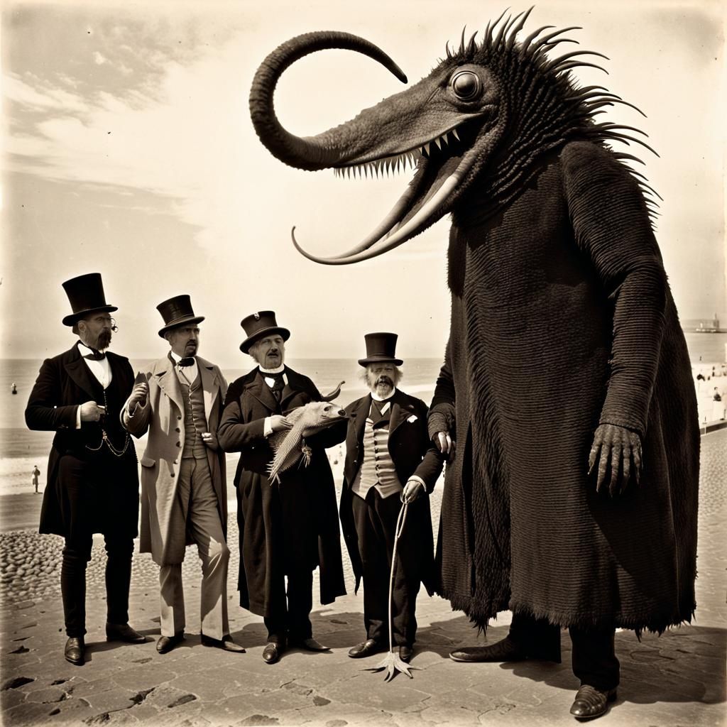 Nightmarish Seafront Monster in Sepia Photograph