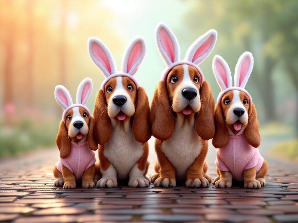 Cute Basset Hound Family in Easter Bunny Costumes